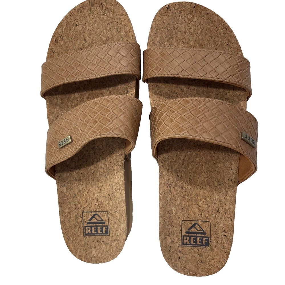 Reef Cushion Vista Hi Sandals Womens Tan Wicker Sz 9 Slide Slip On Double Strap